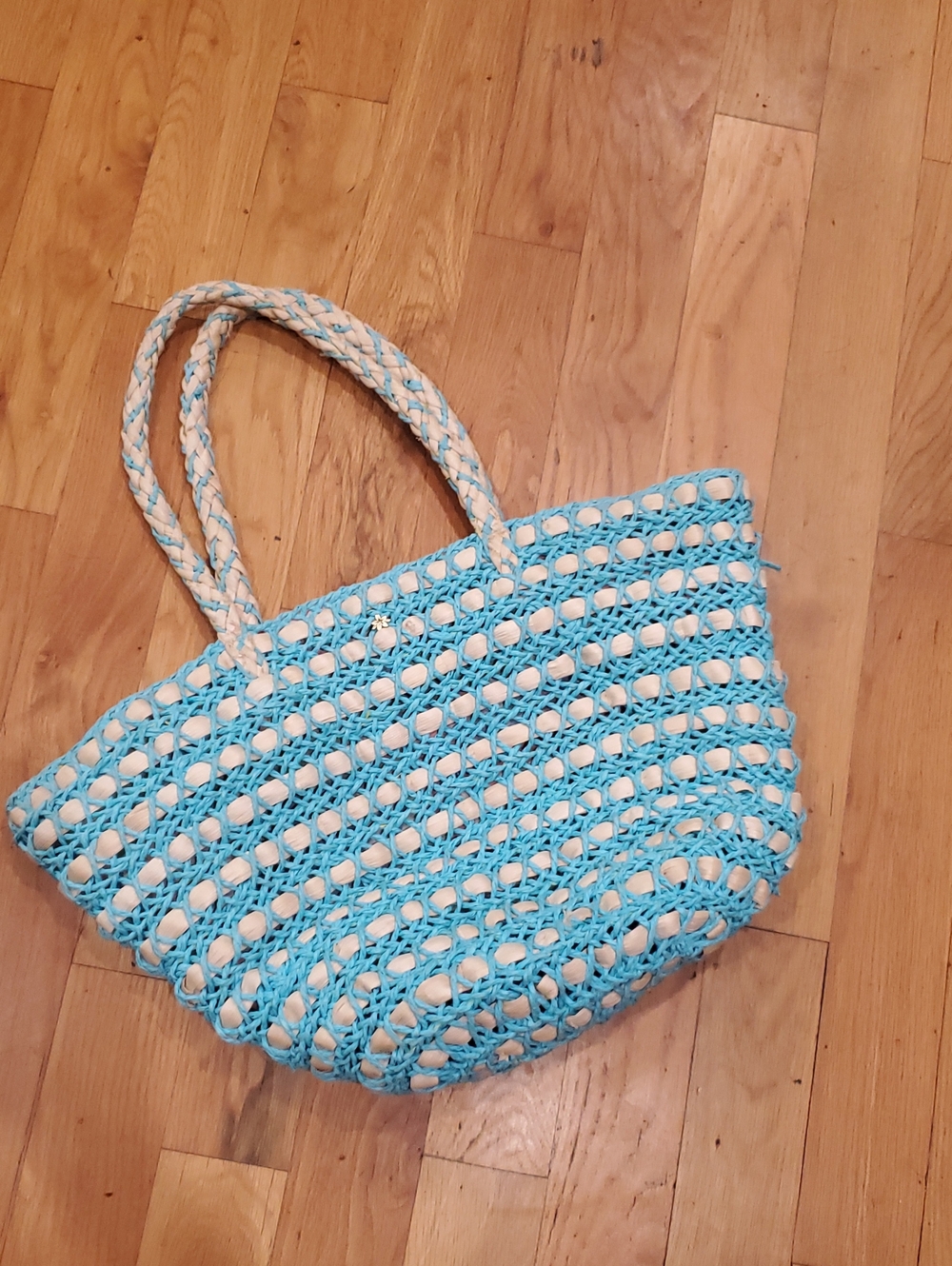 Woven Straw Tote Bag in Light Blue and Cream